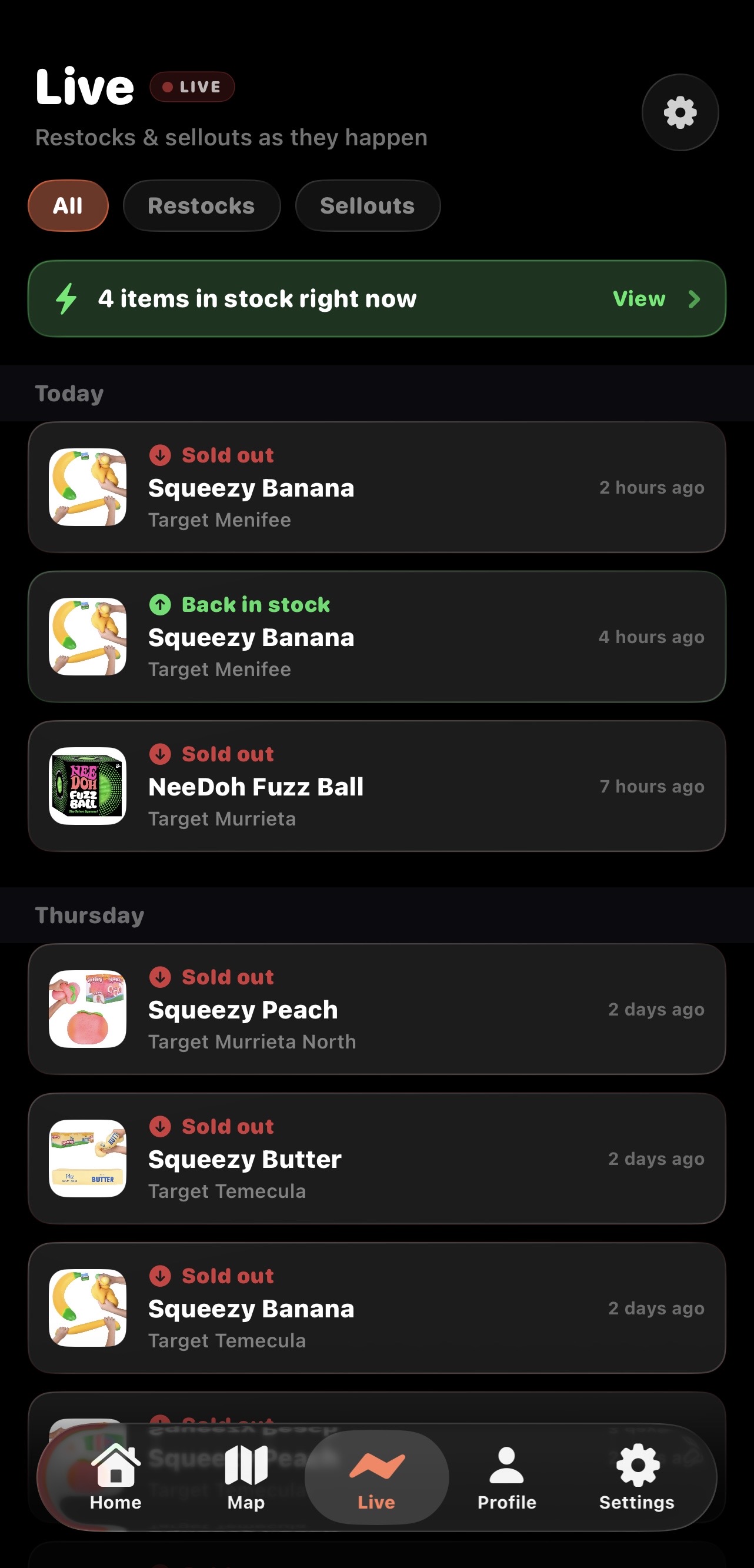 Squish360 live feed showing restocks and sellouts in real time