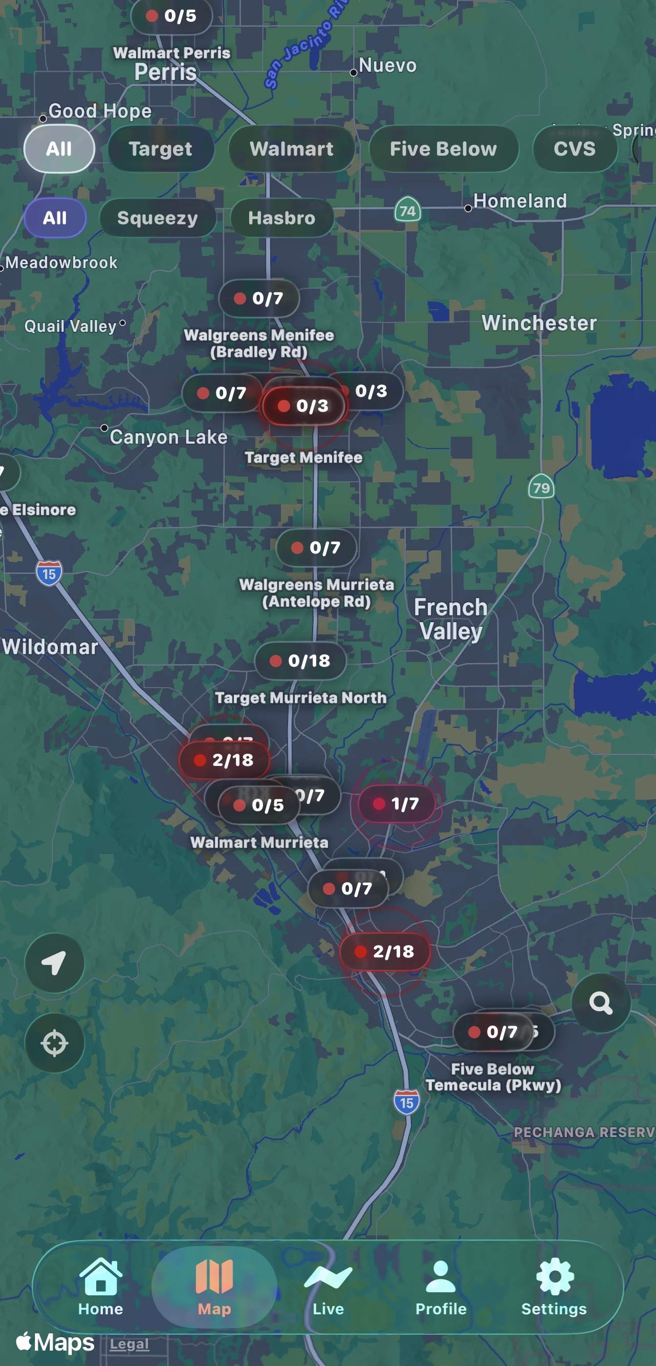 Squish360 map showing store pins with stock counts